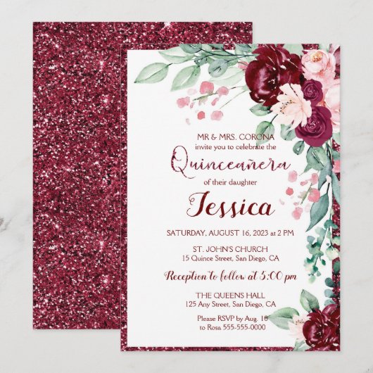 Quinceanera Burgundy Red Floral Glitter Uitnodigin Kaart (Voorkant / Achterkant)
