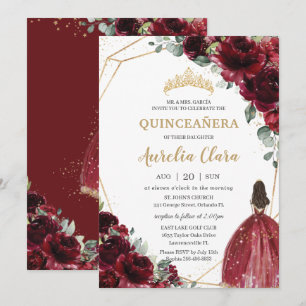 Quinceañera Burgundy Red Floral Gold Princess Kaart