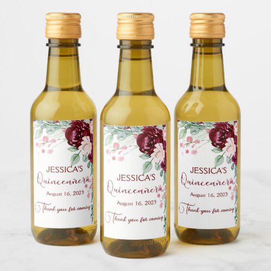 Quinceanera Burgundy Red Floral Mini Wine Label Wijn Etiket (Flessen)