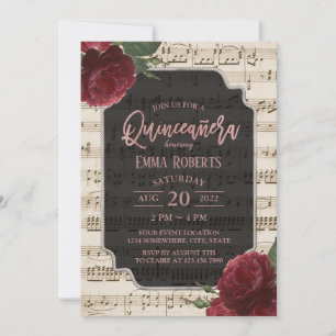 Quinceanera Burgundy Red Floral Music Birthday Kaart
