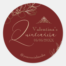 Quinceañera Burgundy Red Floral Ronde Sticker