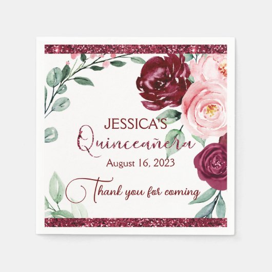 Quinceanera Burgundy Red Floral Servet (Voorkant)