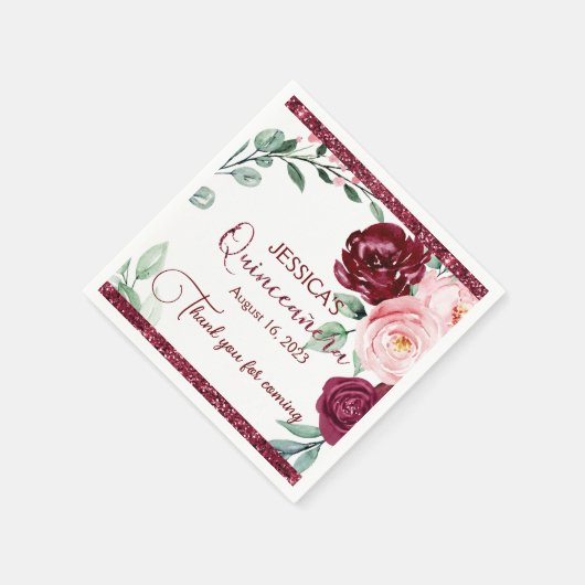 Quinceanera Burgundy Red Floral Servet (Hoek)