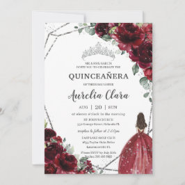 Quinceañera Burgundy Red Floral Silver Princess Kaart