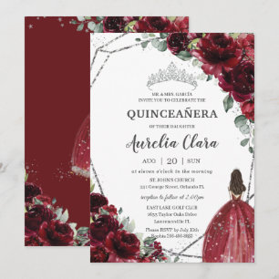 Quinceañera Burgundy Red Floral Silver Princess Kaart