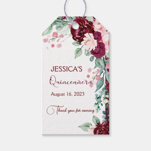Quinceanera Burgundy Red Glitter Floral Gift Label Cadeaulabel (Voorkant)