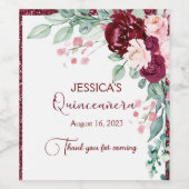 Quinceanera Burgundy Red Glitter Floral Wine Label Wijn Etiket (Enkel label)