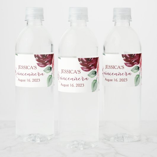 Quinceanera Burgundy Red Glitter Water Label Waterfles Etiket (Flessen)