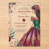 Quinceañera Burgundy Rood Groen Gouden Jurk Quince Acryl Uitnodigingen (Voorkant)