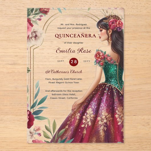 Quinceañera Burgundy Rood Groen Gouden Jurk Quince Acryl Uitnodigingen (Voorkant)
