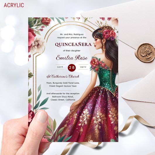 Quinceañera Burgundy Rood Groen Gouden Jurk Quince Acryl Uitnodigingen