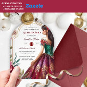 Quinceañera Burgundy Rood Groen Gouden Jurk Quince Acryl Uitnodigingen