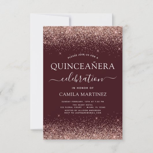 Quinceanera Burgundy Roos Gold Blush Pink Kaart (Voorkant)