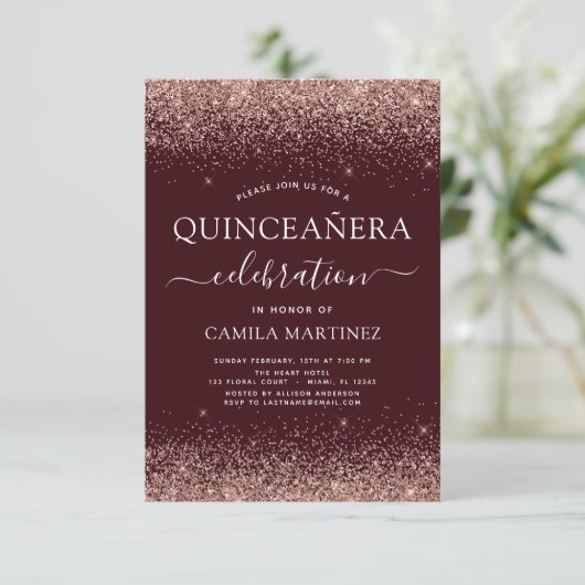 Quinceanera Burgundy Roos Gold Blush Pink Kaart (Staand voorkant)