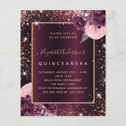 Quinceanera burgundy roos gold budget uitnodiging flyer (Voorkant)