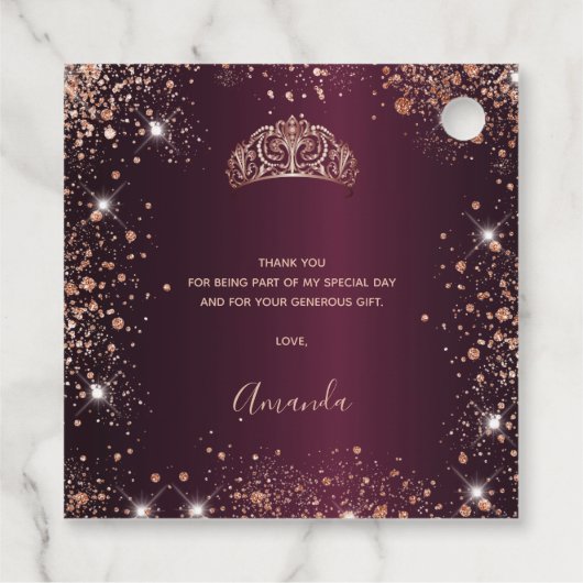 Quinceanera burgundy roos Gold tiara bedankt Bedankjes Labels (Achterkant)
