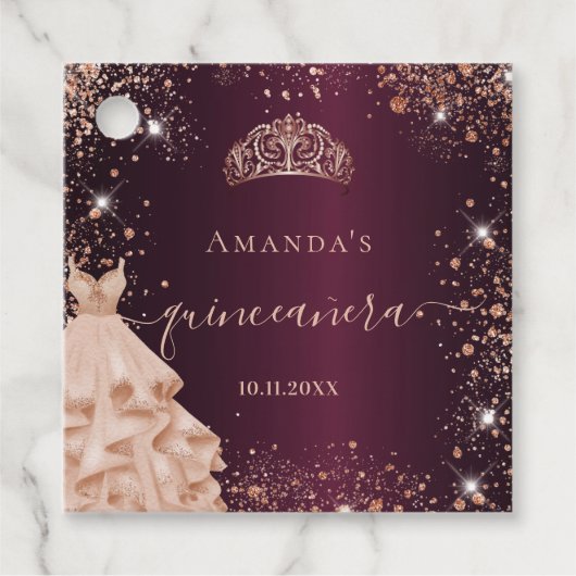Quinceanera burgundy roos Gold tiara bedankt Bedankjes Labels (Voorkant)