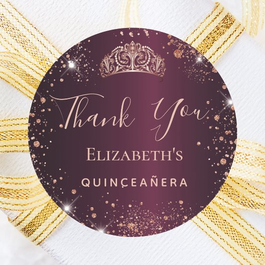 Quinceanera burgundy roos Gold tiara bedankt Ronde Sticker