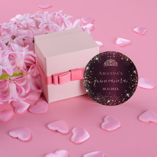 Quinceanera burgundy roos gold tiara name script ronde button 3,2 cm