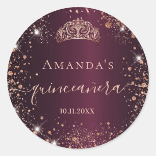Quinceanera burgundy roos gold tiara name script ronde sticker