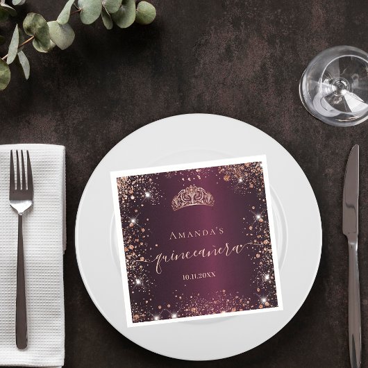 Quinceanera burgundy roos gold tiara name script servet