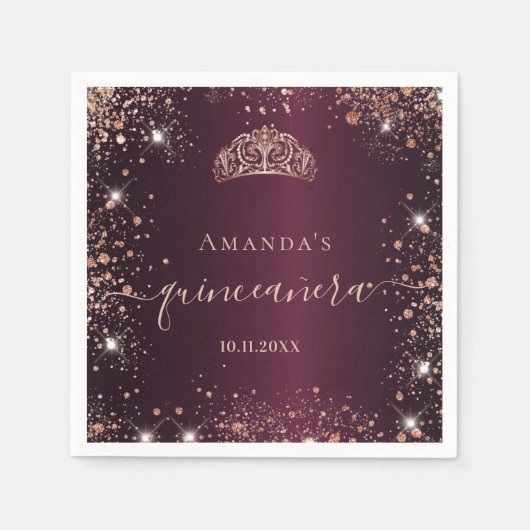 Quinceanera burgundy roos gold tiara name script servet (Voorkant)
