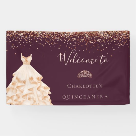 Quinceanera burgundy roos goud glitsstof spandoek (Horizontaal)