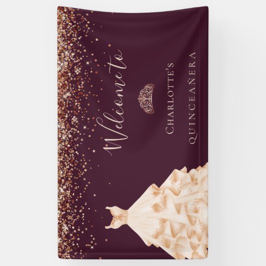 Quinceanera burgundy roos goud glitsstof spandoek (Verticaal)