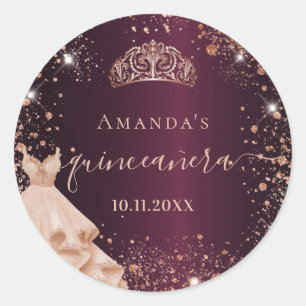 Quinceanera burgundy roos gouden jurk ronde sticker