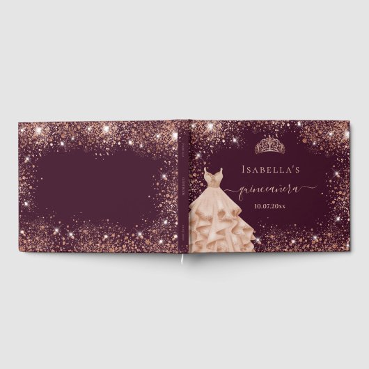 Quinceanera burgundy roos gouden jurk tiara gastenboek (Volledig)