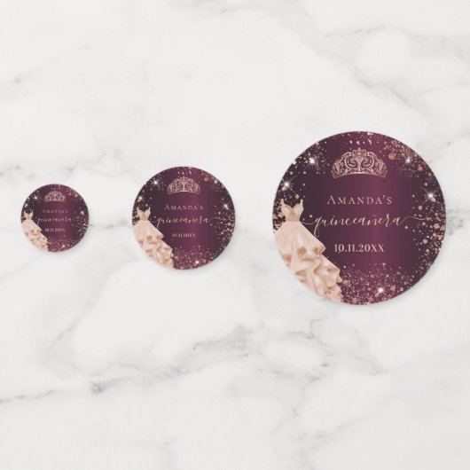 Quinceanera burgundy roos gouden tiara jurk foto confetti (Achterkanten)