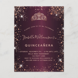 Quinceanera burgundy roos goudglitter stoftiara uitnodiging briefkaart