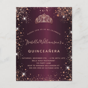 Quinceanera burgundy roos goudglitter stoftiara uitnodiging briefkaart