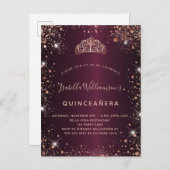 Quinceanera burgundy roos goudglitter stoftiara uitnodiging briefkaart (Voorkant / Achterkant)