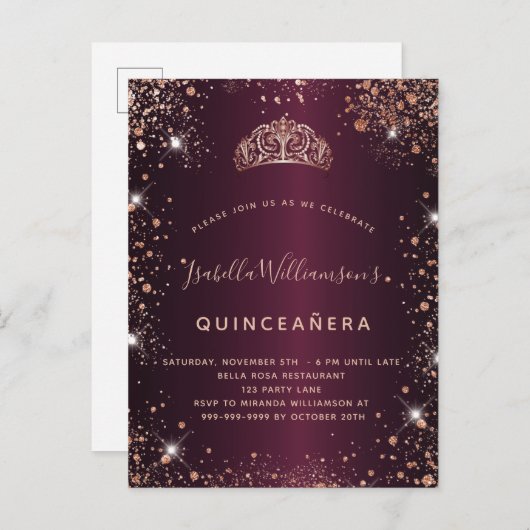 Quinceanera burgundy roos goudglitter stoftiara uitnodiging briefkaart (Voorkant / Achterkant)