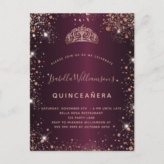Quinceanera burgundy roos goudglitter stoftiara uitnodiging briefkaart (Voorkant)