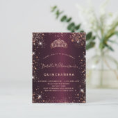 Quinceanera burgundy roos goudglitter stoftiara uitnodiging briefkaart (Staand voorkant)