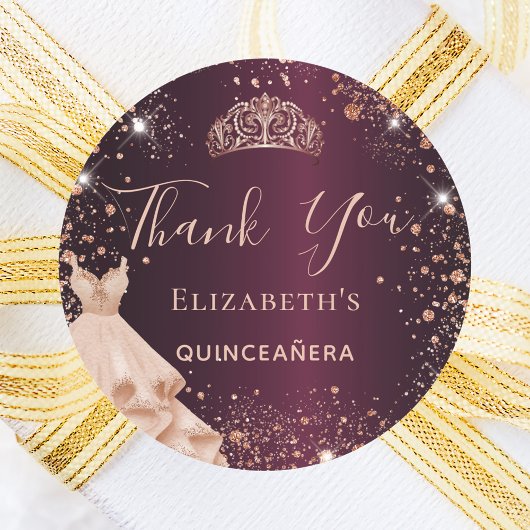 Quinceanera burgundy roos goudjurk Hartelijk dank Ronde Sticker