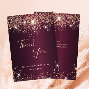 Quinceanera burgundy roos goudnaam Dank je wel Bedankkaart
