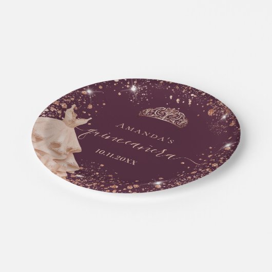 Quinceanera burgundy roos goudtiara jurk papieren bordje (Gekanteld)