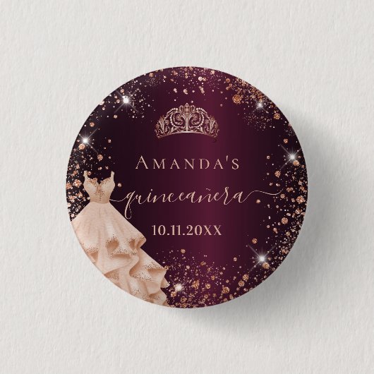 Quinceanera burgundy roos goudtiara jurk ronde button 3,2 cm (Voorkant)