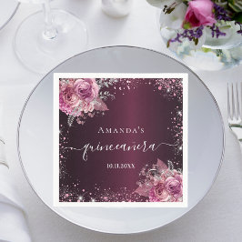 Quinceanera burgundy roze floral name script servet