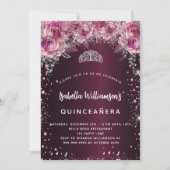 Quinceanera burgundy roze florale tiara luxe kaart (Voorkant)