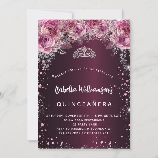 Quinceanera burgundy roze florale tiara luxe kaart (Voorkant)