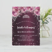 Quinceanera burgundy roze florale tiara luxe kaart (Staand voorkant)