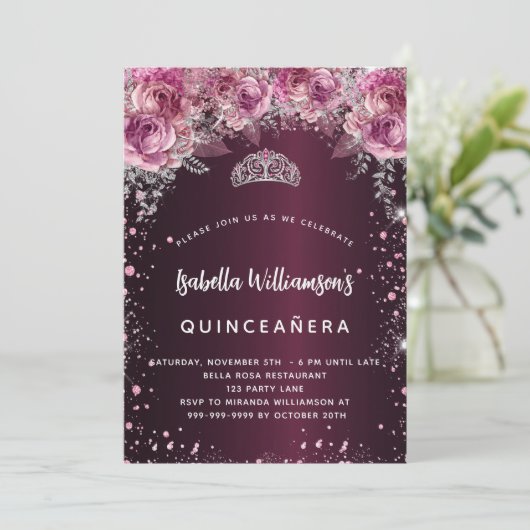 Quinceanera burgundy roze florale tiara luxe kaart (Staand voorkant)