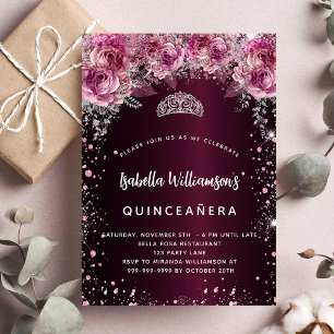 Quinceanera burgundy roze florale tiara luxe kaart