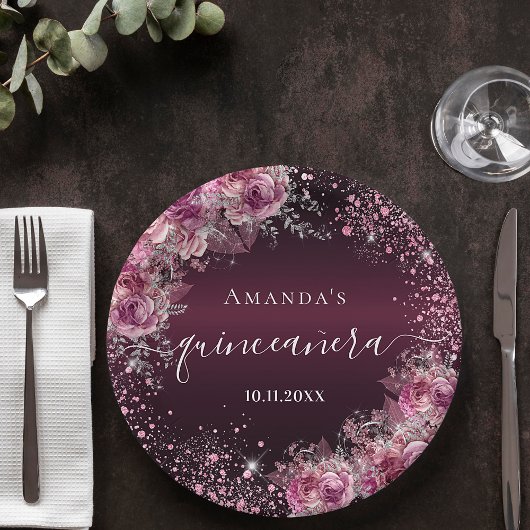 Quinceanera burgundy roze glitter florale naam papieren bordje