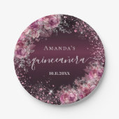 Quinceanera burgundy roze glitter florale naam papieren bordje (Voorkant)