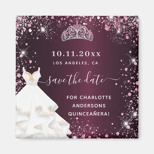 Quinceanera burgundy roze jurk, sla de datum op magneet (Voorkant)